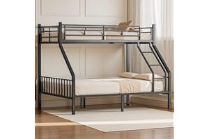 Feetice Twin XL Over Queen Bunk Bed, Heavy Duty Metal Bed Frame with Safety Ladder & High Guardrails, Stable Queen Bunk Bed for Adults, Teens, Noise-Free, Black