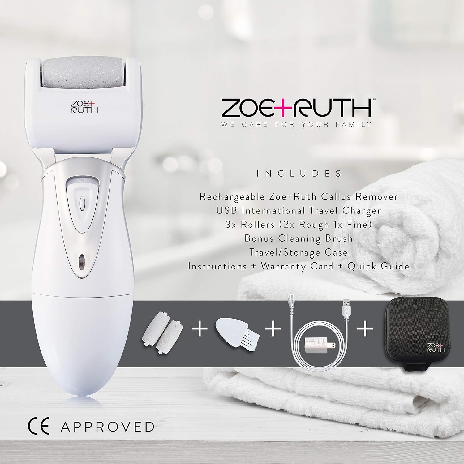 Electric Callus Remover USB Rechargeable Pedicure Foot File tool by Zoe+Ruth for Dry Cracked Dead Skin on your Heels and Feet. International Charger, 3 Rollers & Travel Friendly Storage Case. : Beauty
