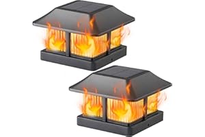 Dynaming Solar Flame Post Cap Lights Outdoor, Solar Powered Fence Post Light, Flickering Flame LED Lantern Lamps Waterproof for Garden Deck Patio, Fit 4x4 Wooden/Vinyl Posts, 2 Pack
