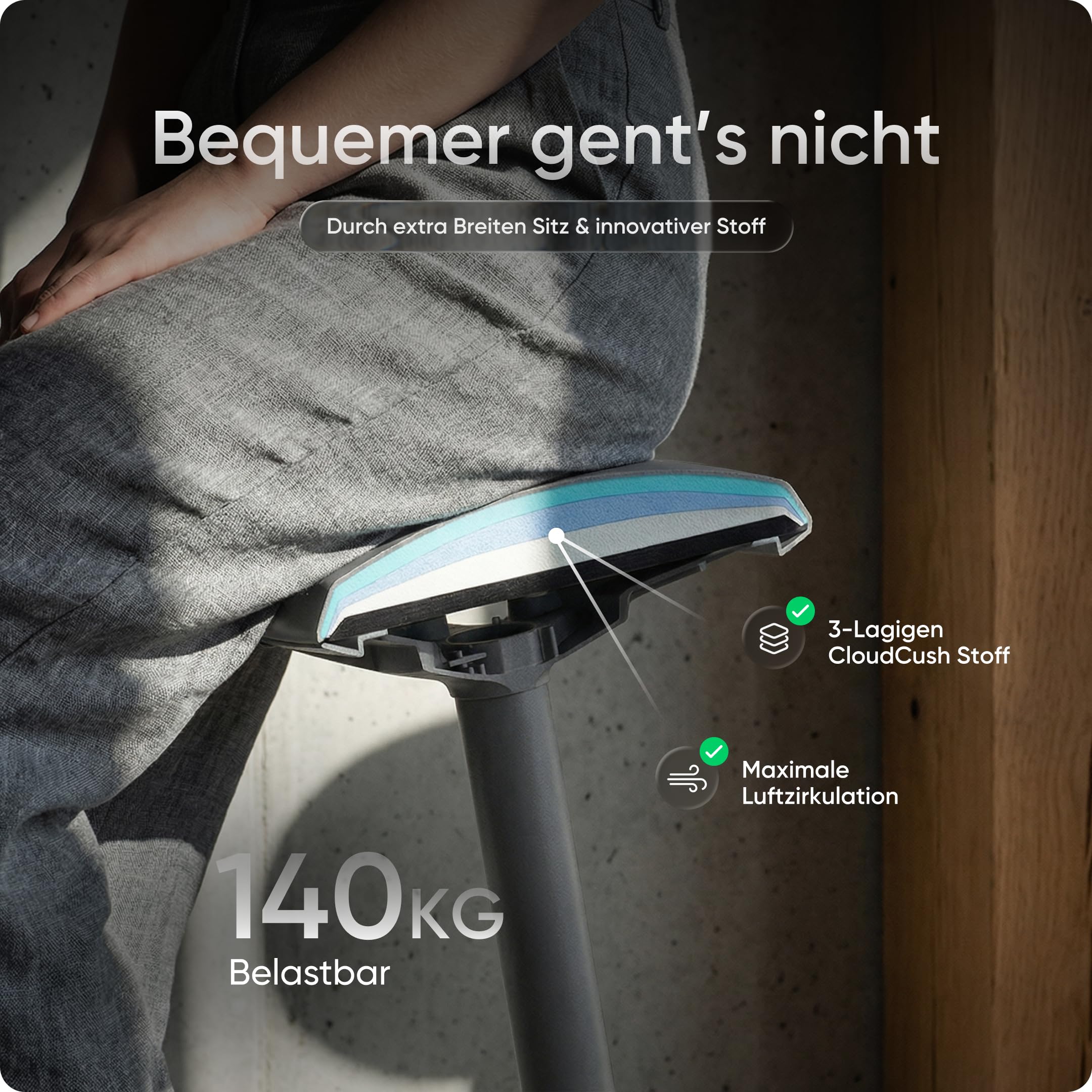 DESKSPACE Motion Sitzhocker - Stehhocker höhenverstellbar, ergonomischer Hocker bis 140kg mit CushCloud-Polsterung, Gasfeder & 3D-Sitzmechanik, Bürohocker ergonomisch, Wackelhocker, Stehstuhl (Grau) 6
