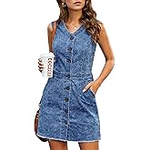 luvamia Women's Casual V Neck Sleeveless Jeans Button Down Denim Short Dress