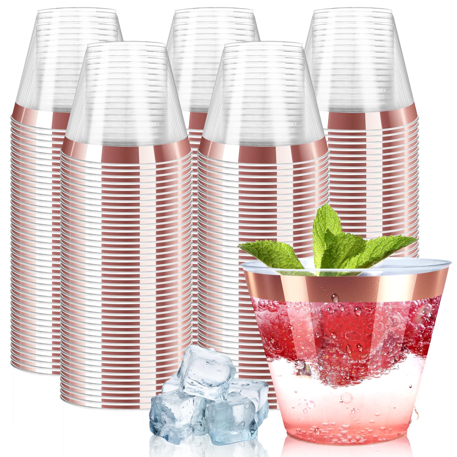 Photo 1 of [200 Pack] 9oz Clear Plastic Cups with Rose Gold Rimmed Sturdy & Food Safe Disposable Wine Glasses Party Wedding Disposable Drinking Cups Plastic Cocktail Glasses for Wine, Juice & Cold Beverages