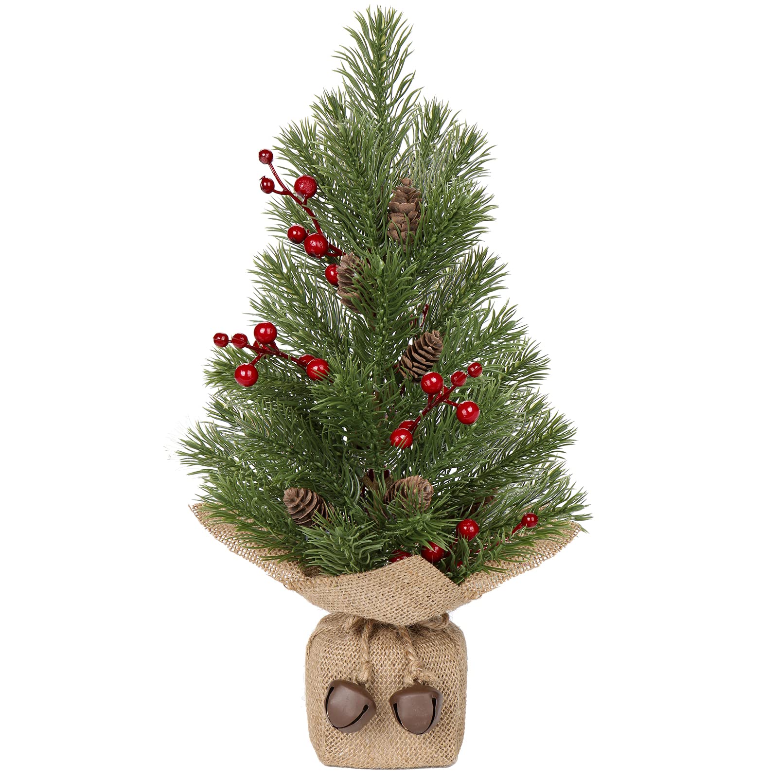 Oairse Small Tabletop Christmas Tree - 40cm/16 Inch Artificial Mini Pine Tree with Pine Cones, Red Berries, for Home Office Desk Table Decoration