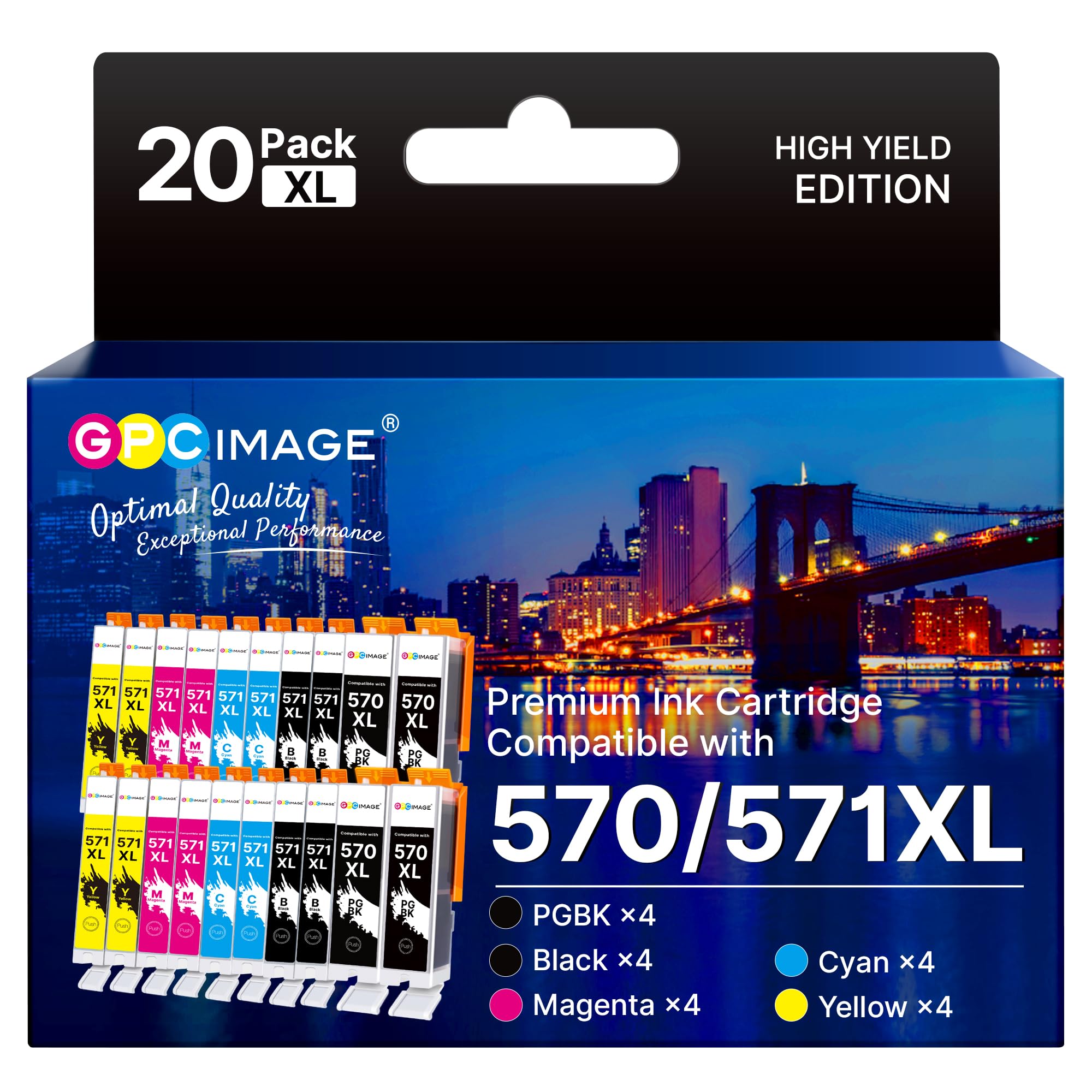 GPC Image 20-Pack 570XL 571XL Ink Cartridges Compatible for Canon 570 571 Ink Cartridges for Canon PIXMA MG5750 MG5751 MG5700 MG5500 TS6050 MG6800 MG6850 MG6851 TS5000 TS5050 (4PGBK/4BK/4C/4M/4Y)