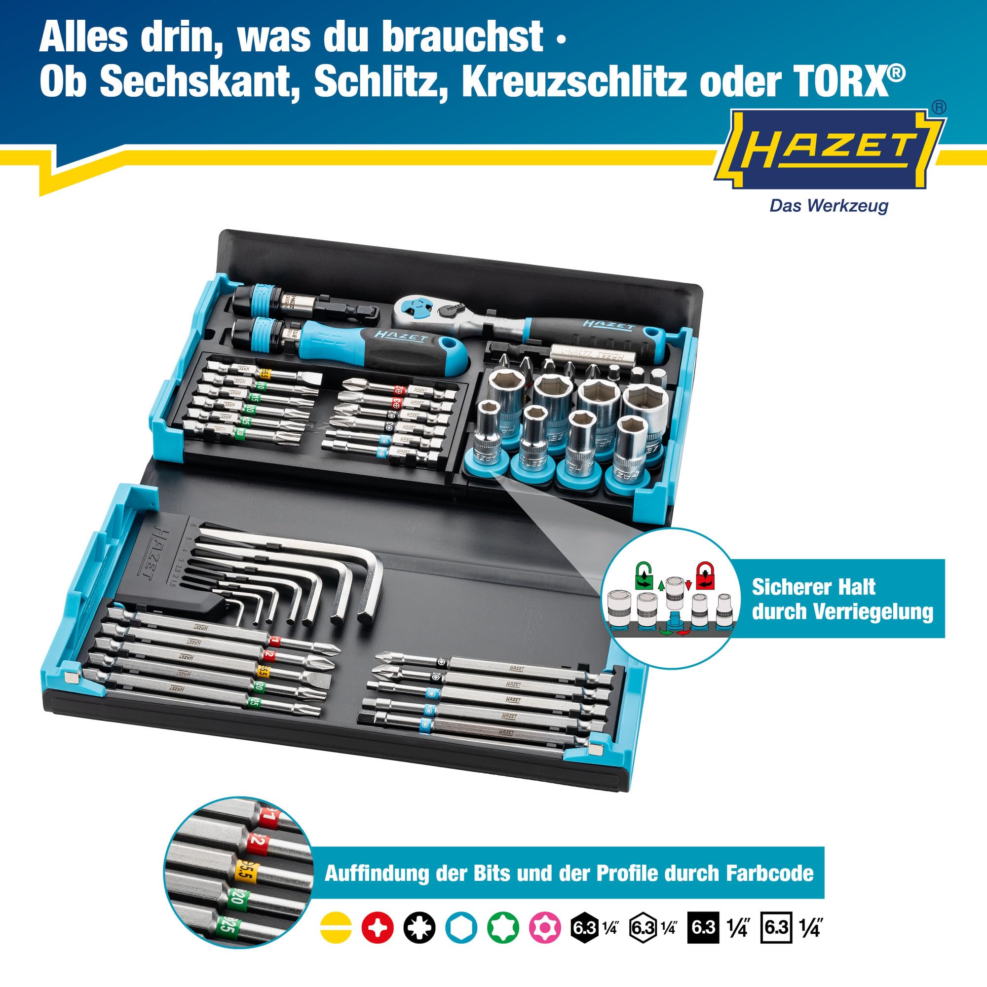 HAZET Smartcase Bit-Satz 2200SC-32 I 59-teilig, Antrieb: Sechskant 6,3 (1/4 Zoll), besonders viele Werkzeuge auf kleinstem Raum für beste Übersicht I klappbarer Werkzeug-Satz Made in Germany 2