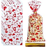 QDTK Valentines Heart Cellophane Goodie Bags 50Pcs Red Heart Candy Bag Clear Plastic Hearts Treat Bags with Ties for Gift Cookies Valentine's Day Wedding Holiday Party Favors Supplies