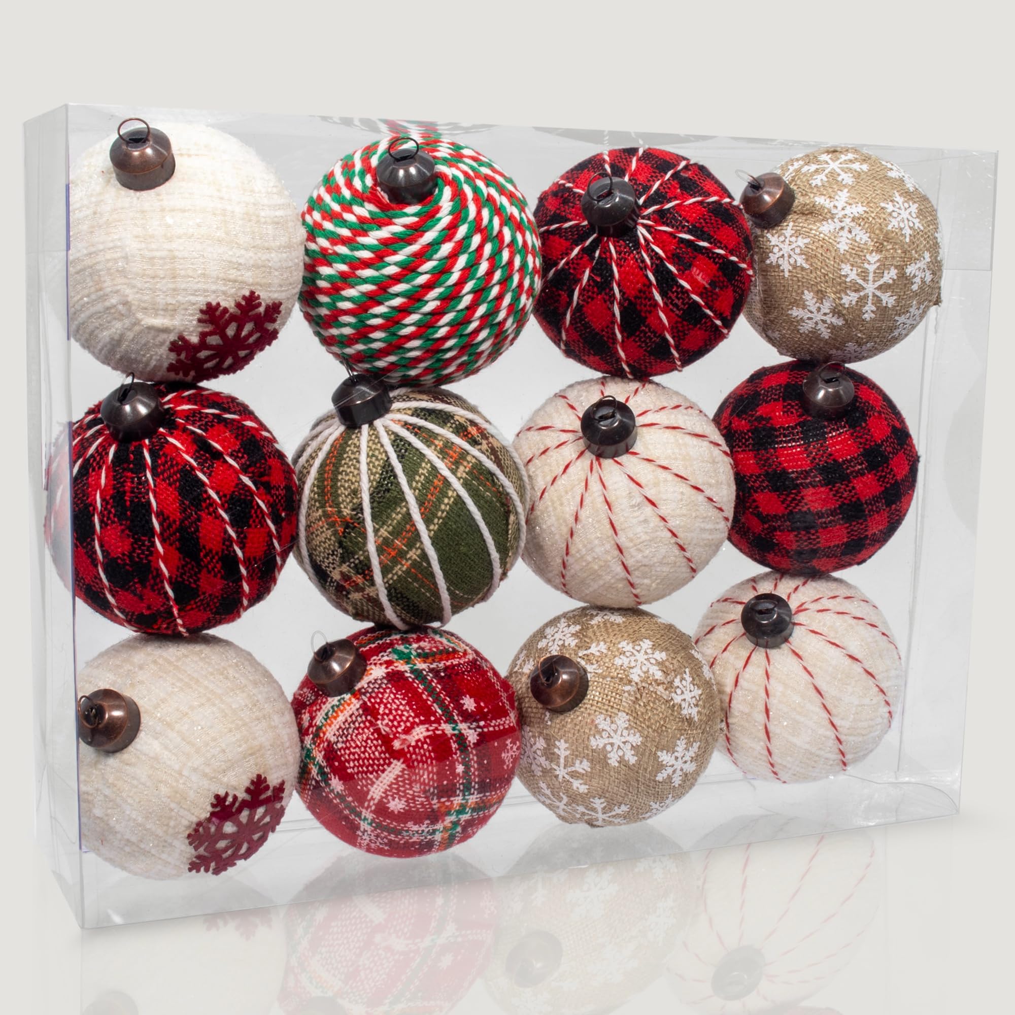 Photo 1 of 12PCS Burlap Christmas Ornaments, Rustic Jute Wrapped Balls 3.15", Snowflake Embroidered & Plaid Pattern Farmhouse Ornaments for Christmas Tree