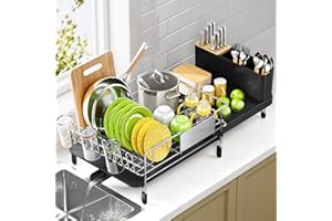 Large Dish Drying Rack - 304 Stainless Steel Dish Rack for Kitchen Counter, Extendable Dish Drainers with Cutlery & Cup Holde