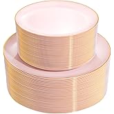 PULOTE 100PCS Pink Plastic Plates - Heavy Duty Pink and Gold Disposable for Party, Wedding, Valentines & Galentines Day, Include 50 Each (Dinner & Dessert) Plates