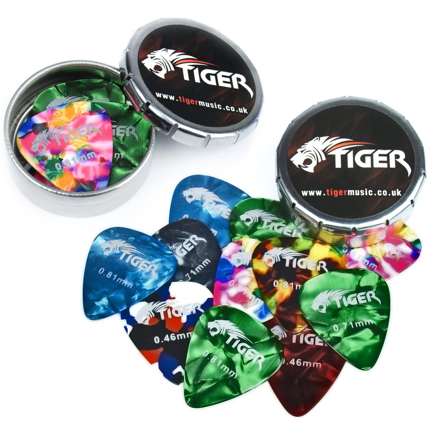 TIGER GAC41 Guitar Plectrums with 2 Pick Storage Tins - 24 Medium Guitar Picks