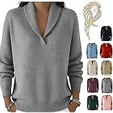 Womens Retro Elegant 80s Shawl Collar Solid Color Sweater Top Casual Long Sleeve V Neck Sweaters Cozy Casual Polo