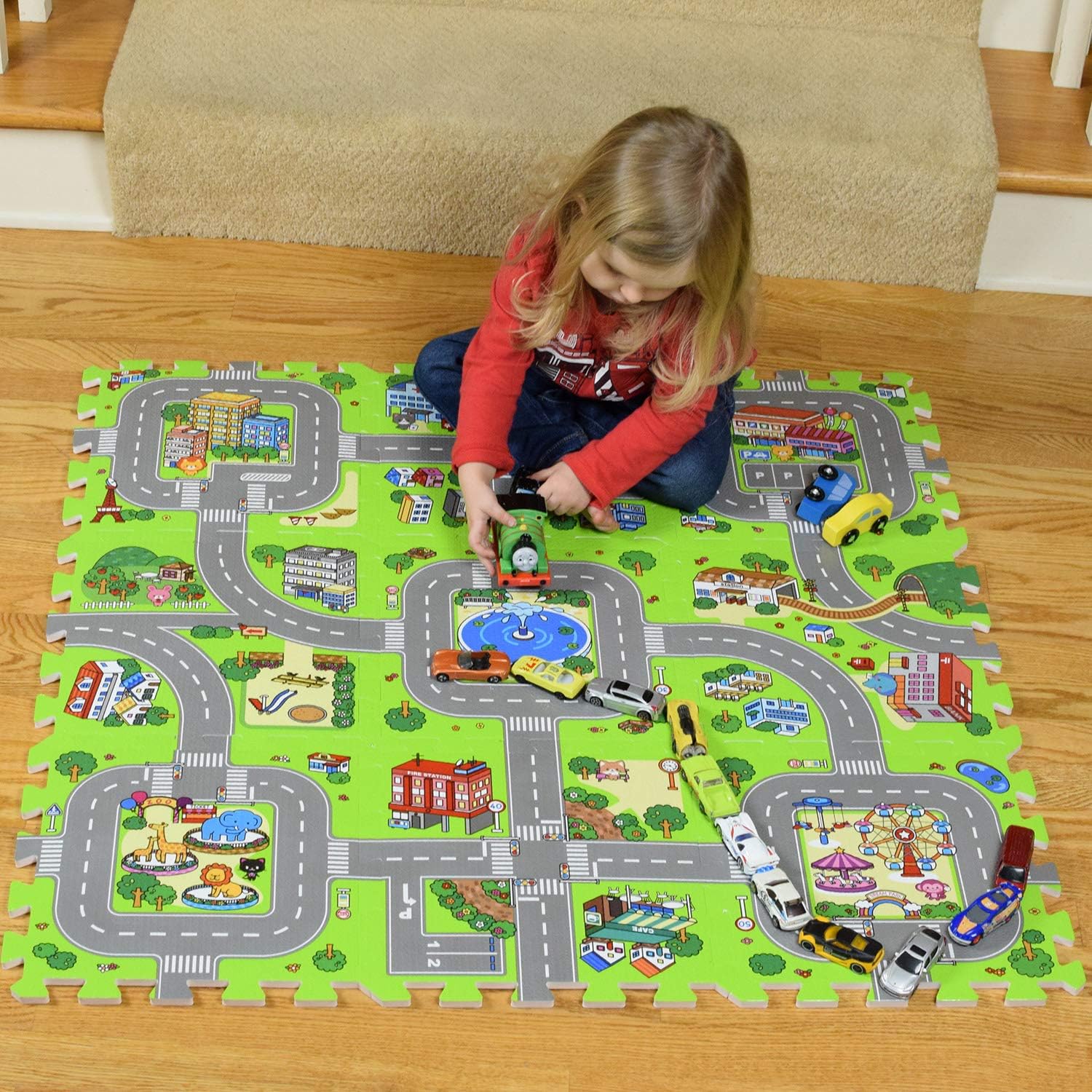 Exultimate Play Mat Road Toy Foam Playmat Interlocking Floor Puzzle Road Playroom Mat Interactive Play Set (18 Piece Set Zoo): Toys & Games