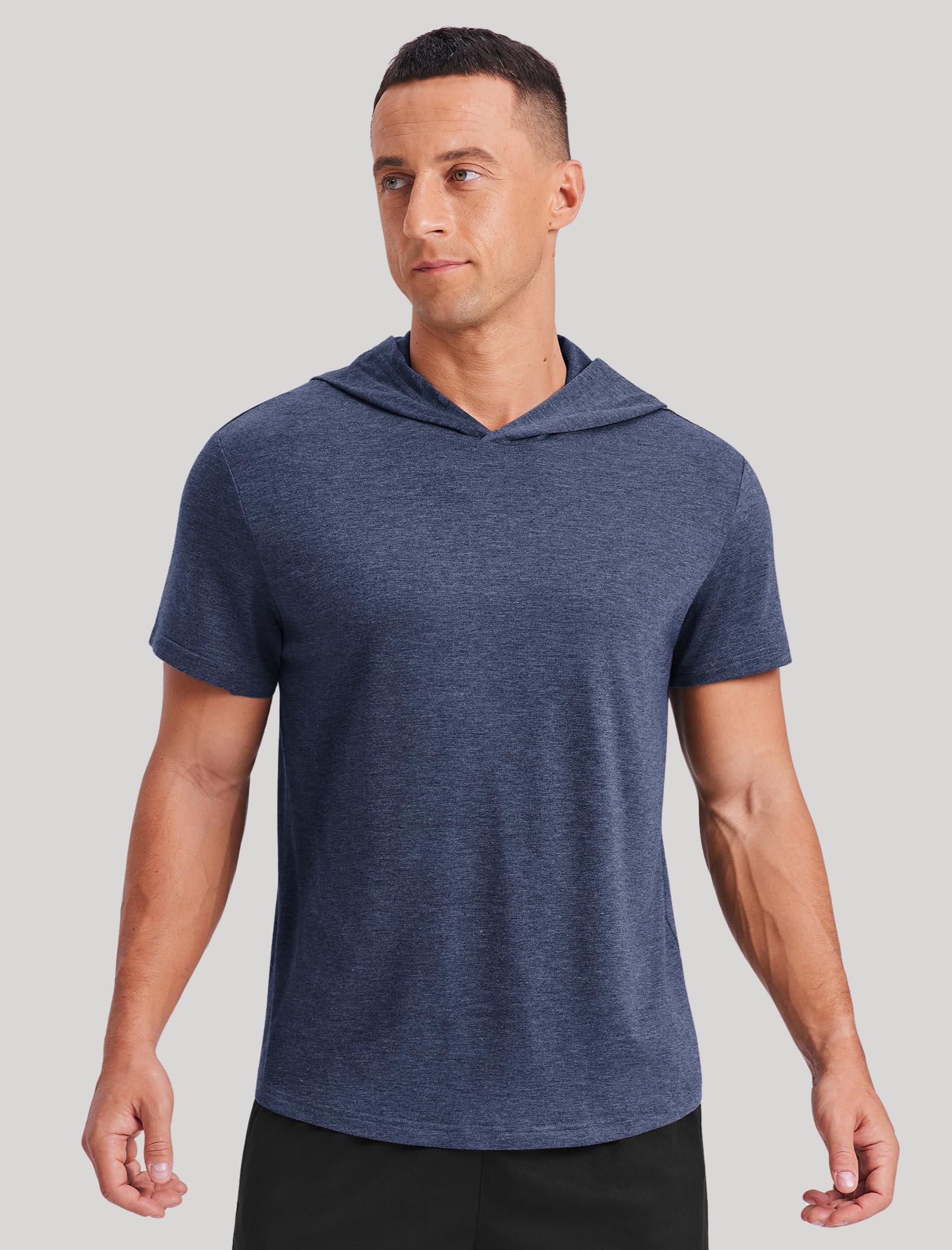PINSPARK Short Sleeve Hoodies for Men Lightweight Pullover - Quick-Dry Athletic Hooded T-Shirt for Gym Workout Fitness Navy Blue