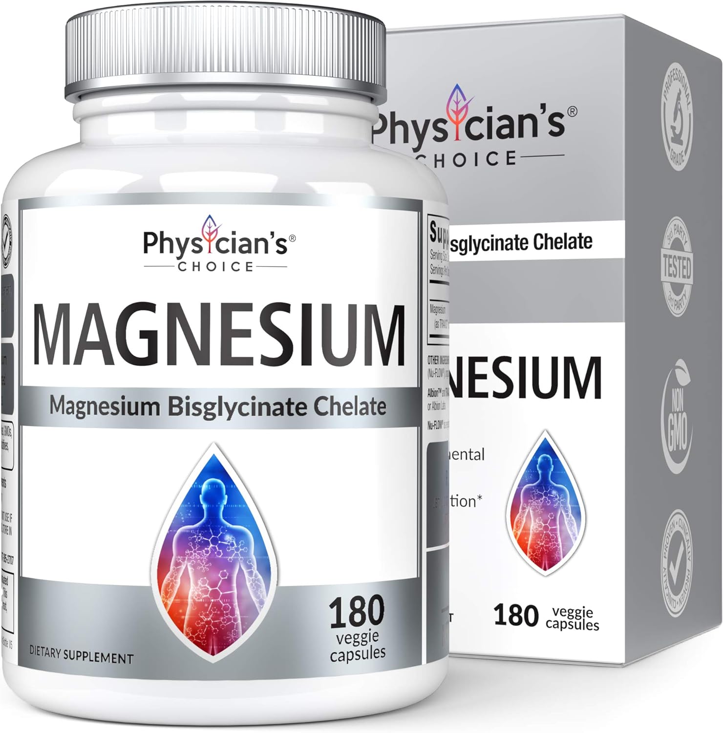 Magnesium Glycinate - Patented Bisglycinate Non Buffered Chelated Magnesium Supplement for Sleep, Muscle Cramps, Relaxation, Bone Density, Gluten Free, Non-GMO, 180 Capsules: Health & Personal Care