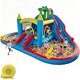 Inflatable Bounce House with Water Slide, Crocodile Bouncy Castle for Kids Indoor &amp; Outdoor, Ball Pit, Climbing Wall, Basketball Hoop