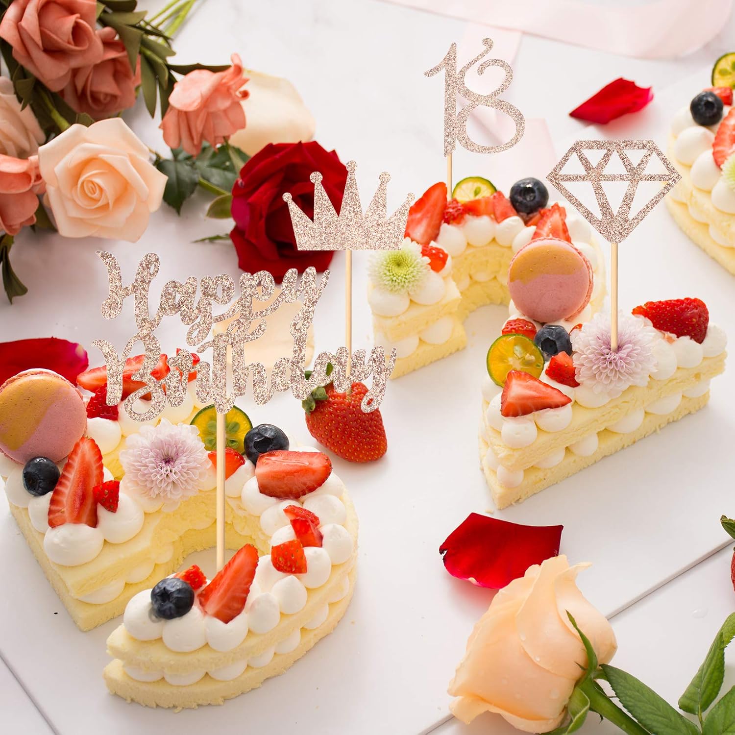 33PCS Happy 18th Birthday Cake Topper, Rose Gold Cake Toppers, Glitter ...