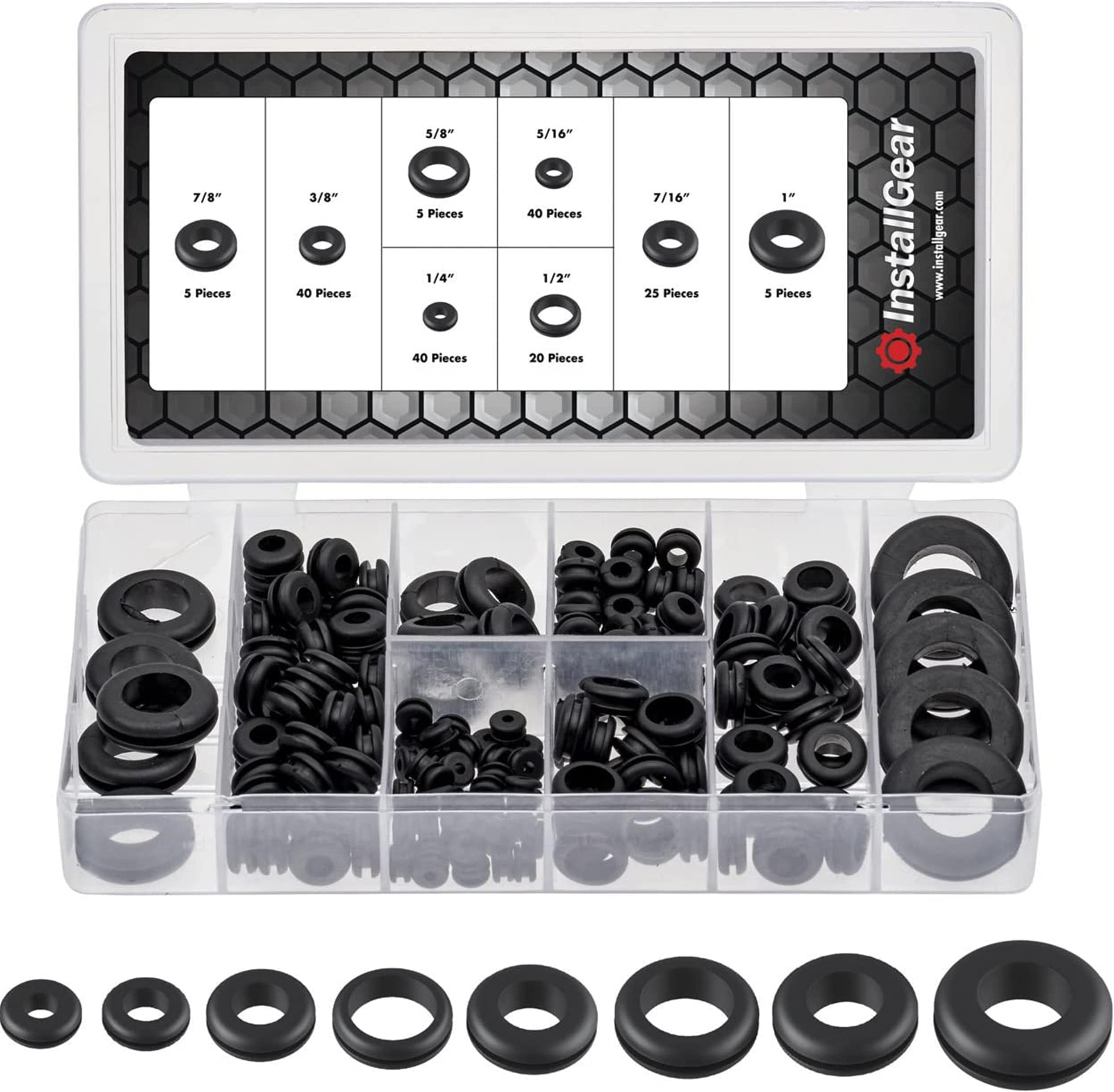 InstallGear 180pc Assorted Rubber Grommet Kit 8 Sizes (1/4", 5/16", 3