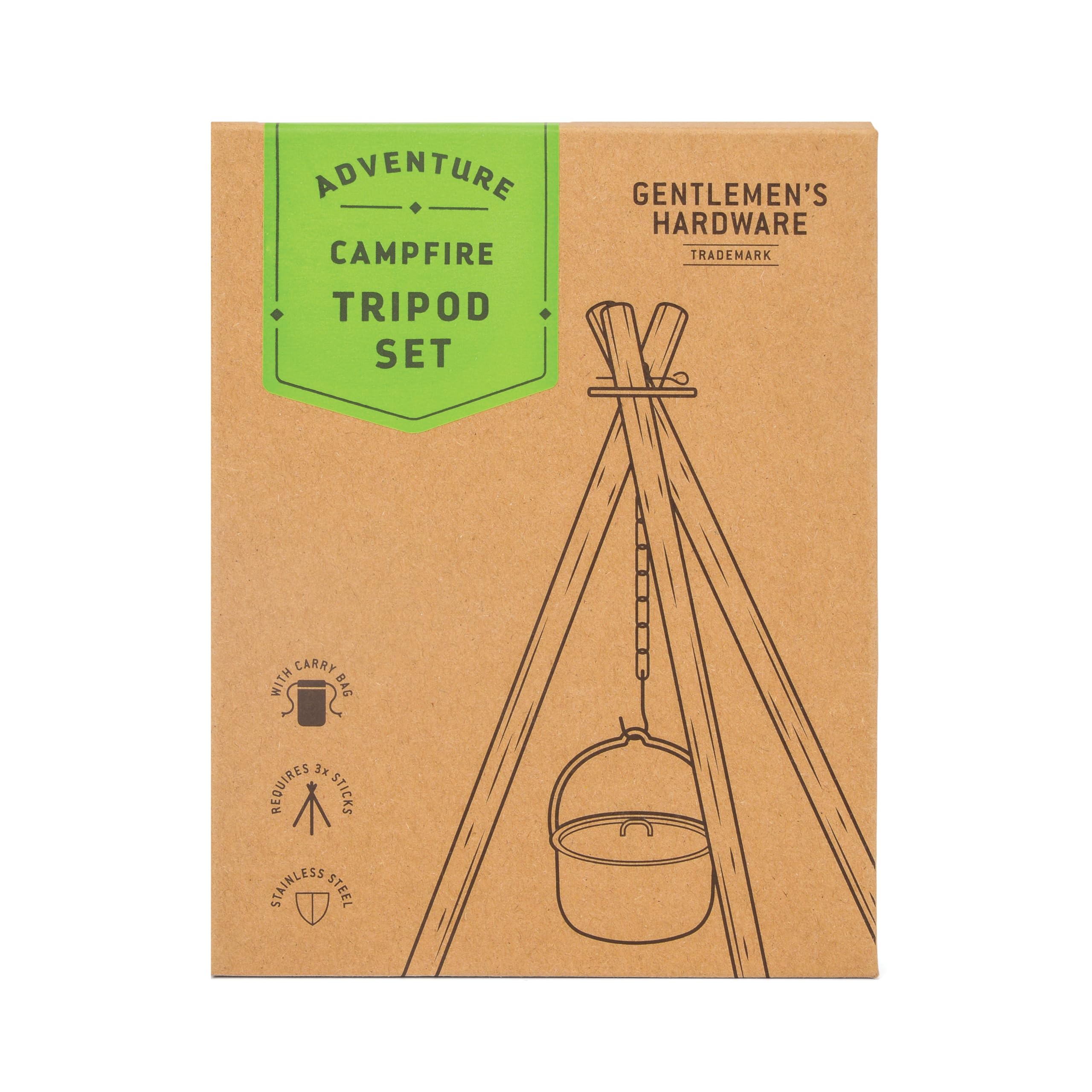Gentlemen's Hardware Camping Gear Outdoor Cooking Campfire Tripod with Storage Bag, 2-Piece, Stainless Steel