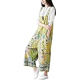 Yeokou Women's Baggy Denim Overalls Vintage Floral Print Casaul Jumpsuits Big Pockets Wide Leg Drop Crotch Adjustable Straps