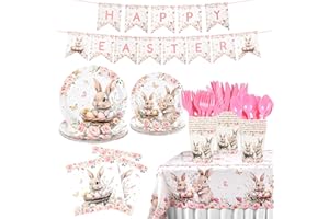 142Pcs Easter Bunny Decorations Tableware Floral Bunny Party Supplies, Paper Plate, Cup, Napkin, Tablecloth, Cutlery, Rabbit 