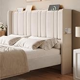 ComfyCorner Queen Size Headboard with LED Light &amp; Charging Station, White | Wingback Upholstered Headboard Queen, Vertical Channel Stitched Head Board, High-Density Sponge Padding, 2 Storage Pockets