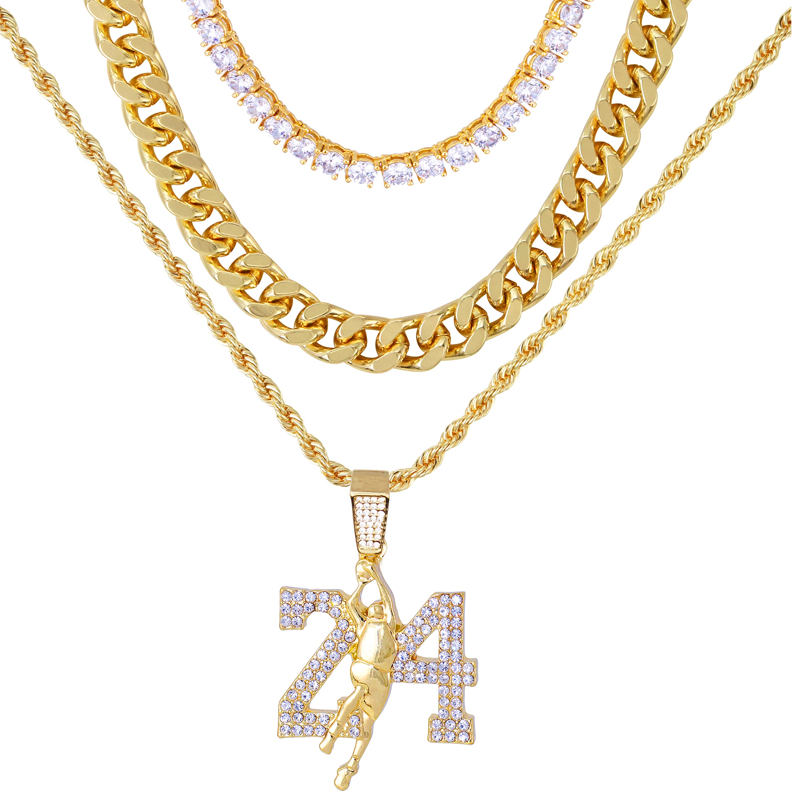 Iced Out Hip Hop 24 Pendant (Basketball Necklace) with choice of 24" Rope Chain or 20" 4mm Tennis Chain or 24" 10mm Miami Cuban Chain - Available 14k Gold and Silver Finish, Metal, Cubic Zirconia
