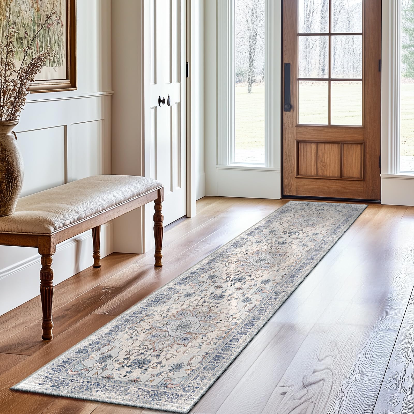 BESTSWEETIE 2x8 Area Rug Washable Rugs for Living Room, No Pile Boho Carpet for Entryway Bedroom Dinning Room, Vintage Carpet Print Distressed Non-Slip, 2 x 8 ft, Beige Blue