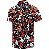 Walsilk Halloween Button Down Shirt for Men Pumpkins Printed Casual Short Sleeve Hawaiian Aloha Shirts
