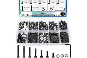 Taiss M2 Screw Assortment,M2 x 4/6/8/10/12/16/20mm Hex Socket Head Cap Screws Bolts Nuts and Washers Kit,12.9 Grade Alloy Steel Black Zinc Plated Small Metric Screws 520PCS Bolts for 3D Printing