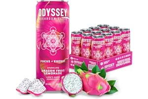 Odyssey Elixir Sparkling Adaptogen Drink, Low Calorie Drinks, L Theanine, Lions Mane, Cordyceps & Green Tea Caffeine for Energy & Focus, Non-GMO, Vegan, Dragon Fruit Lemonade Flavor, 12 Fl oz, 12 Pack