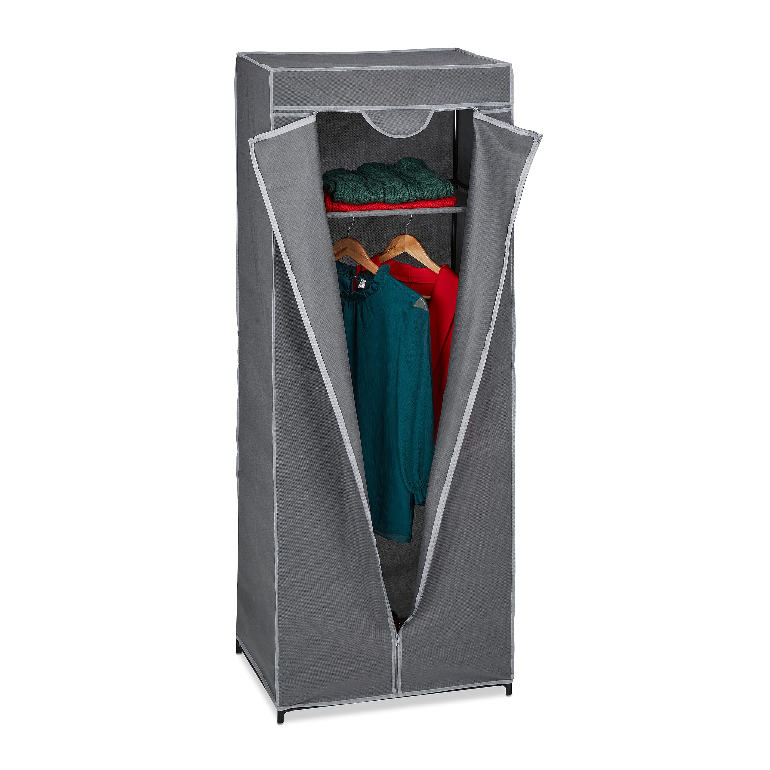 Relaxdays Fabric Wardrobe with Clothes Rail & 1 Shelf, HWD 175 x 60 x 45 cm, Covered Closet with Zipper, Storage, Grey, Iron, 157 x 60 x 45 cm