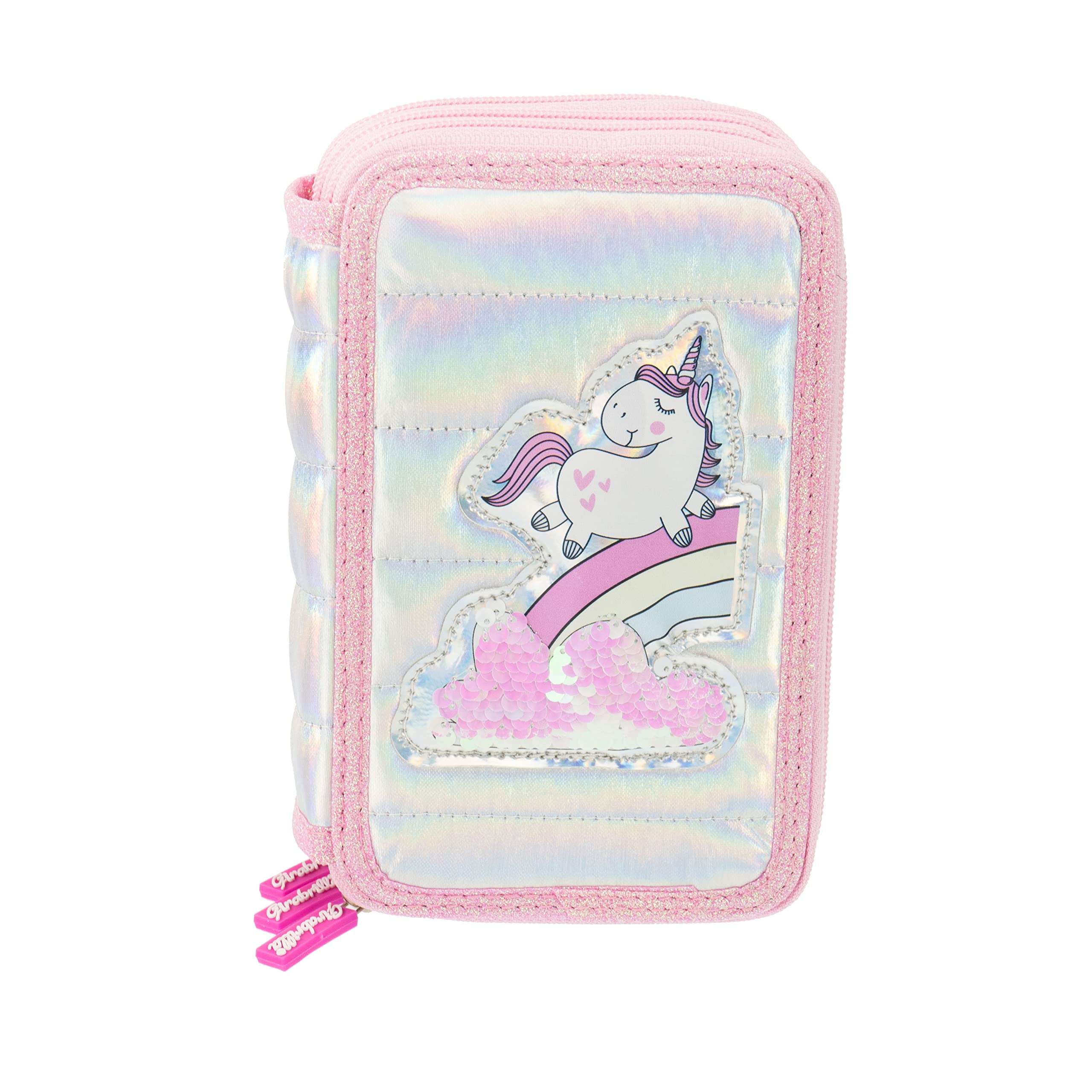 Girabrilla Nice Group Unicorn Pencil Case with 3 Compartments for Children, Duvet Effect, Pink