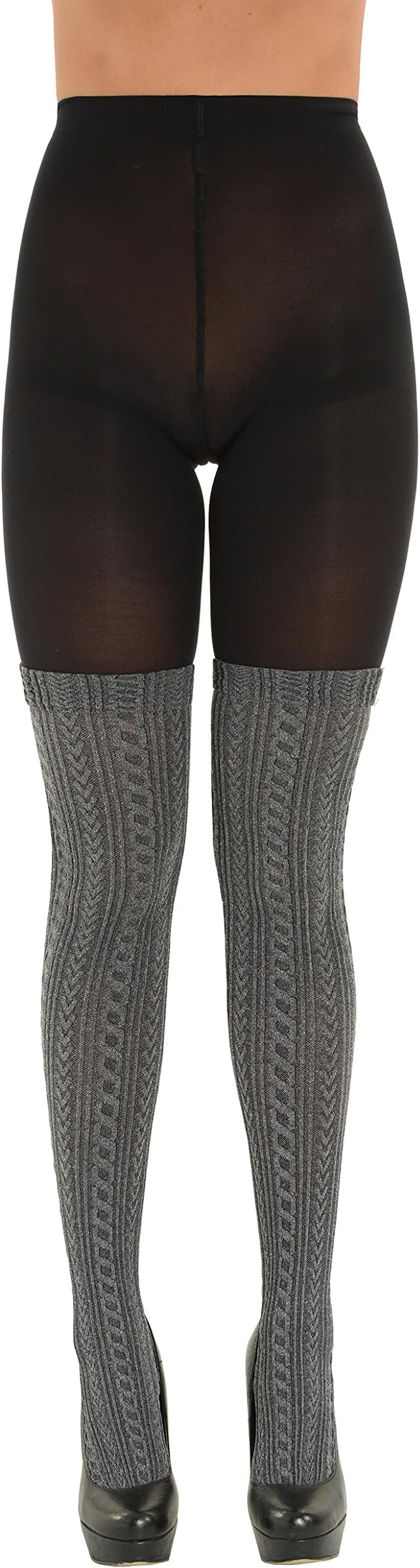 Womens Mock Thigh High Tights Black Gray Textured Attached Pantyhose Sizes: Small-Medium