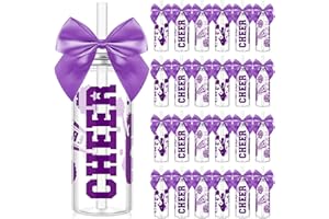 Teenyyou 24 Pcs Cheerleader Gift Bulk for Team Cheer Cups 14 oz Bow Water Bottle Plastic Cheer Tumblers with Lid and Straw for Cheerleader Sport Party Favor Senior Night Gift (Purple)