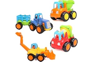 IQ Toys 4 Pack Friction Powered Cars Construction Vehicles for Toddlers, with Car Tractor, Bulldozer, Dumper and Cement Mixer Truck