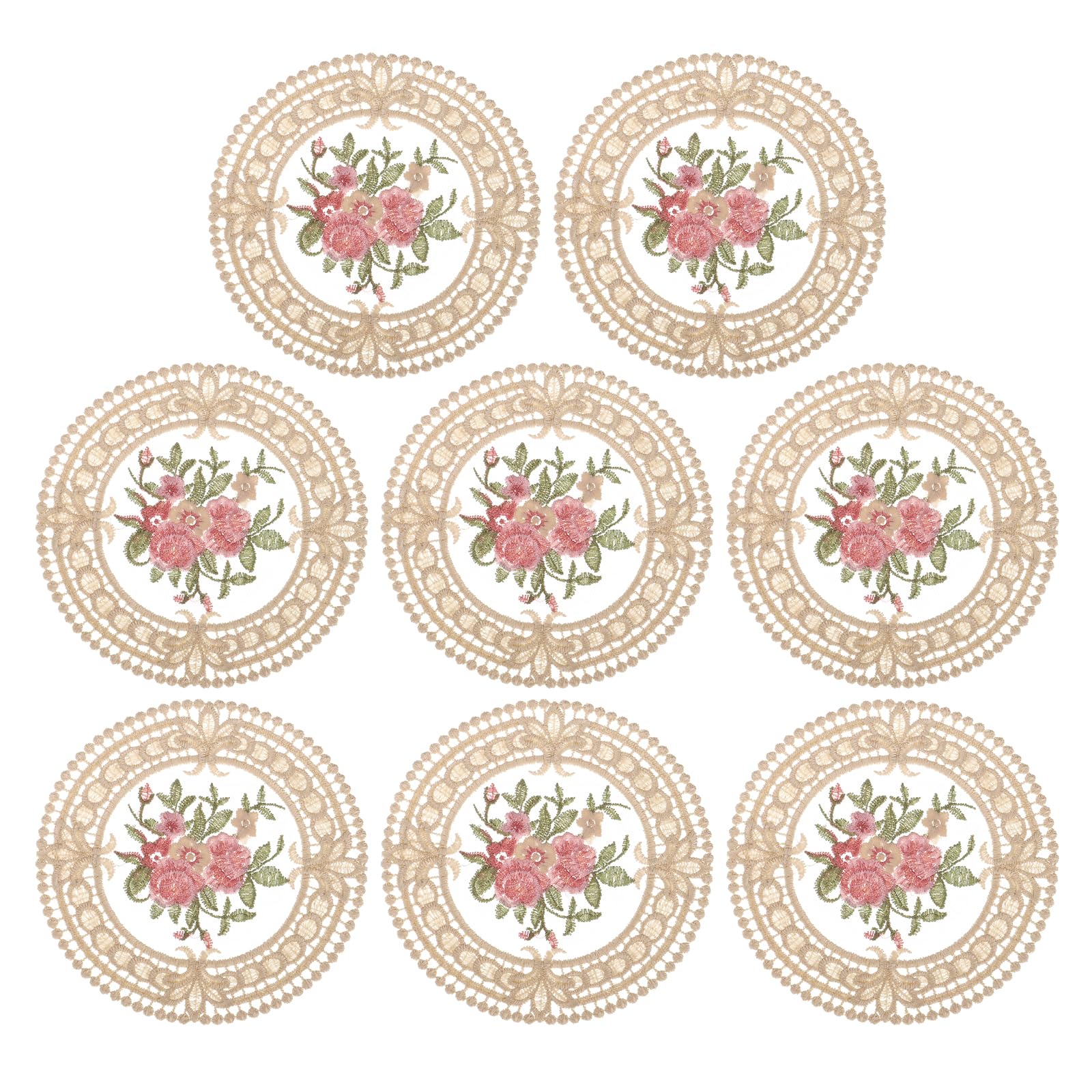 uxcell Fabric Coasters, 8pcs 4.7" - Polyester Crochet Coasters, Round Lace Embroidery Cup Mat with Floral Pattern for Wedding Party Decoration (Camel)