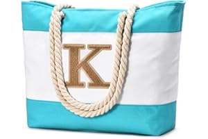 Becokan Initial Beach Bag Waterproof Canvas Beach Tote Bag Zipper Personalized Gifts for Women Her Birthday Travel Essentials