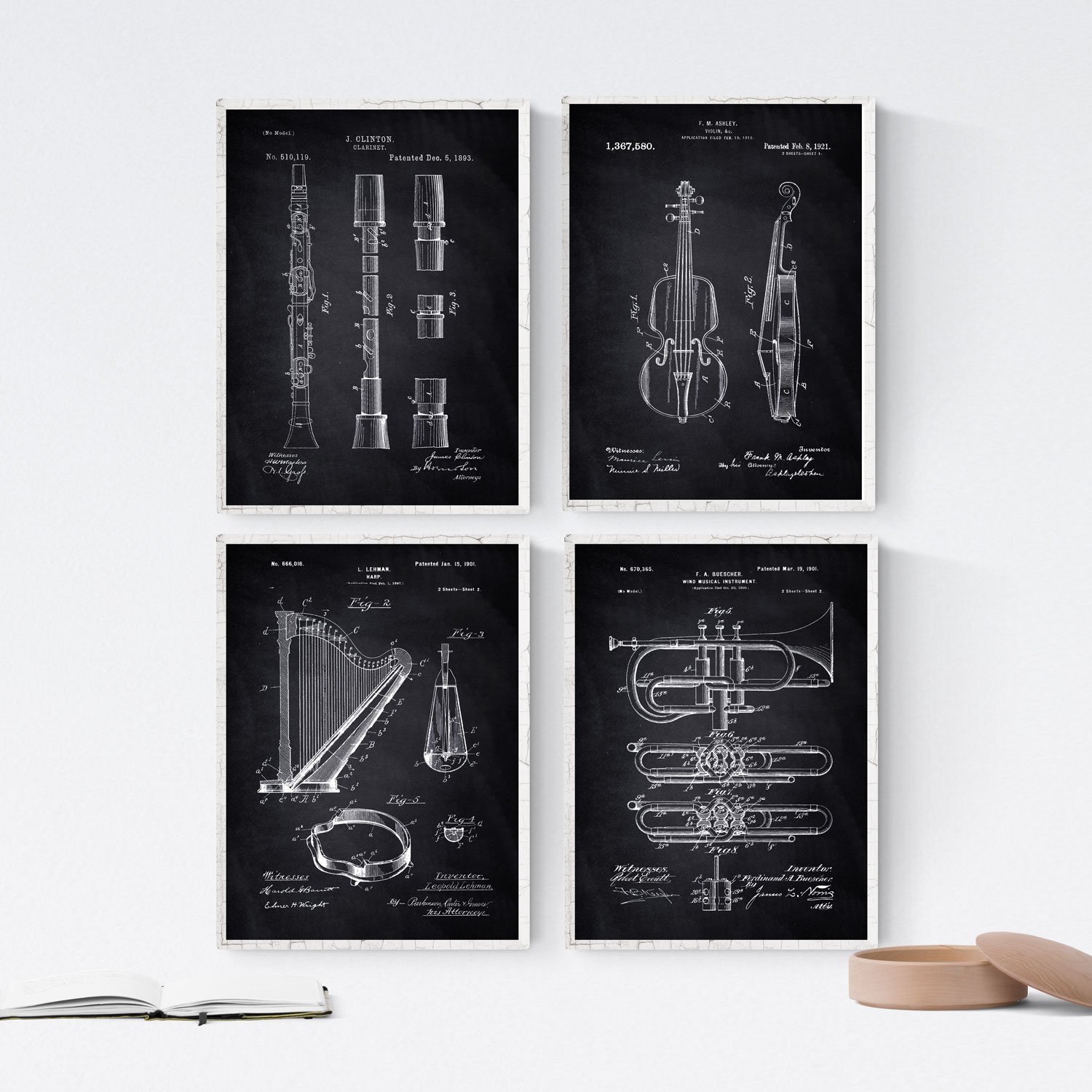 Nacnic BLACK - Pack of 4 sheets with patents musical instruments. Set posters with inventions and old patents. Choose the color you like. Printed on 250 grams