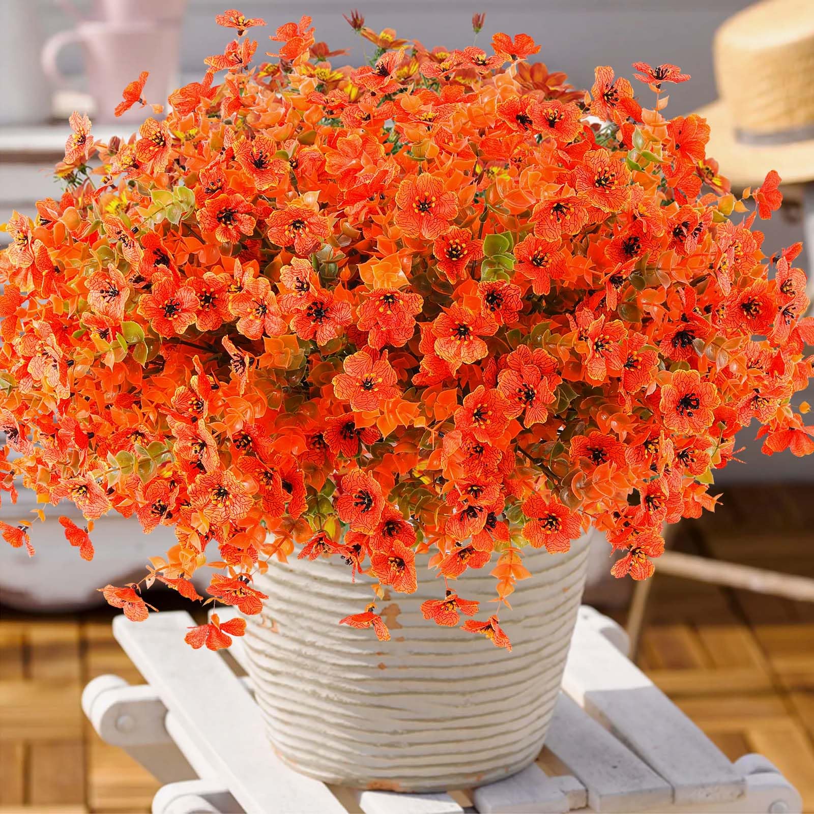 Photo 1 of Rowfad 36 Pcs Artificial Mums Flowers Outdoor Plastic Fall Flowers Fake Mums Autumn Greenery Flower for Porch Window Box Farmhouse Thanksgiving Home Decor(36, Orange)