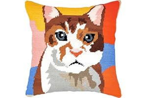Howie's Needlepoint Needlepoint Kits for Adults, Pillow Front Cross Stitch Kit with Embroidery Pattern on Canvas, Yarn, 2 Needles and Instruction, 16 x 16inch(Cat)