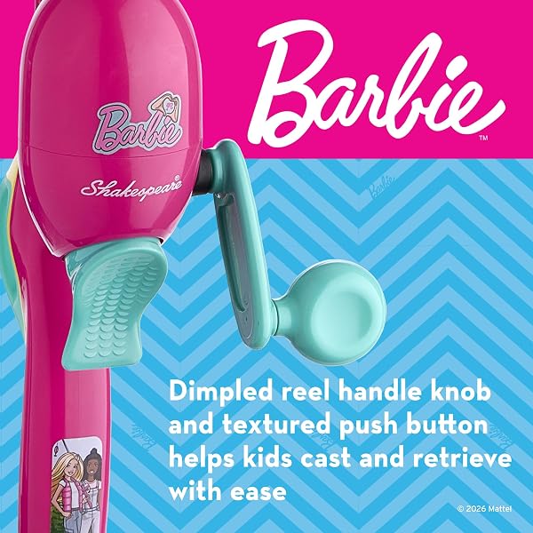 SHAKESPEARE MATTEL BARBIE KIT 2’6″ SPINCAST COMBO FOR KID, GEL-TECH COMFORT GRIP HANDLE, SAFETY HOOK KEEPER, INCLUDES PRACTICE CASTING PLUG