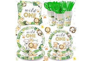 QIYANPAX Wild One Birthday Supplies Tableware Safari Birthday Decorations Including Dinner Plates, Cups, Napkins, Cutlery for Animal Jungle Theme Wild One Party Decorations, Serve 24