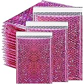 Erinnmy 50Pcs Metallic Bubble Mailers,Waterproof Self Seal Adhesive Cushion Envelopes,Foil Glitter Shipping Mailer,Holographic Bubble Mailer for Mailing Packing Small Business,Thicken,3 Sizes,Rose Red