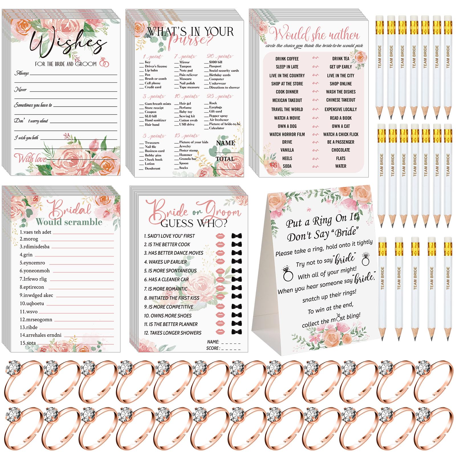 Photo 1 of Sosation 331 Pcs Bridal Shower Games Supplies, 5 Sets (50 Cards Each) Wedding Games Cards, 1 Put a Ring on It Bridal Shower Game with 60 Rings and 20 Team Pencils for Wedding Engagement(Flowers)