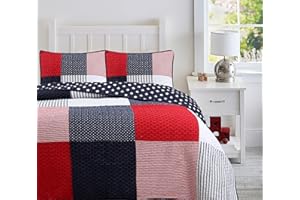 Cozy Line Home Fashions Navy Blue Red Striped Star Patriotic Boy 100% Cotton Reversible Quilt Bedding Set, All-Season Coverlet, Bedspread (Wallace Patchwork, Twin-2 Piece)