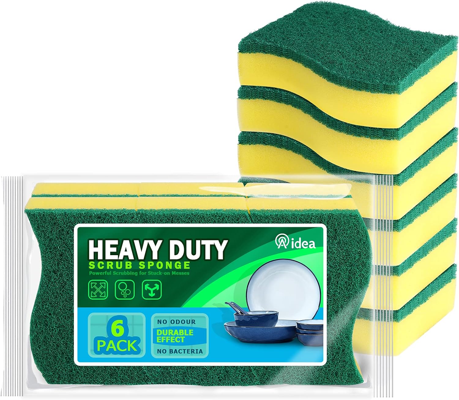 AIDEA Heavy Duty Scrub Sponge-12Count, Cleaning Scrub Sponge, Stink Free Sponge, Effortless Cleaning Eco Scrub Pads for Dishes,Pots,Pans All at Once,Size: 4.3"x 3.12" x 1.2": Kitchen & Dining