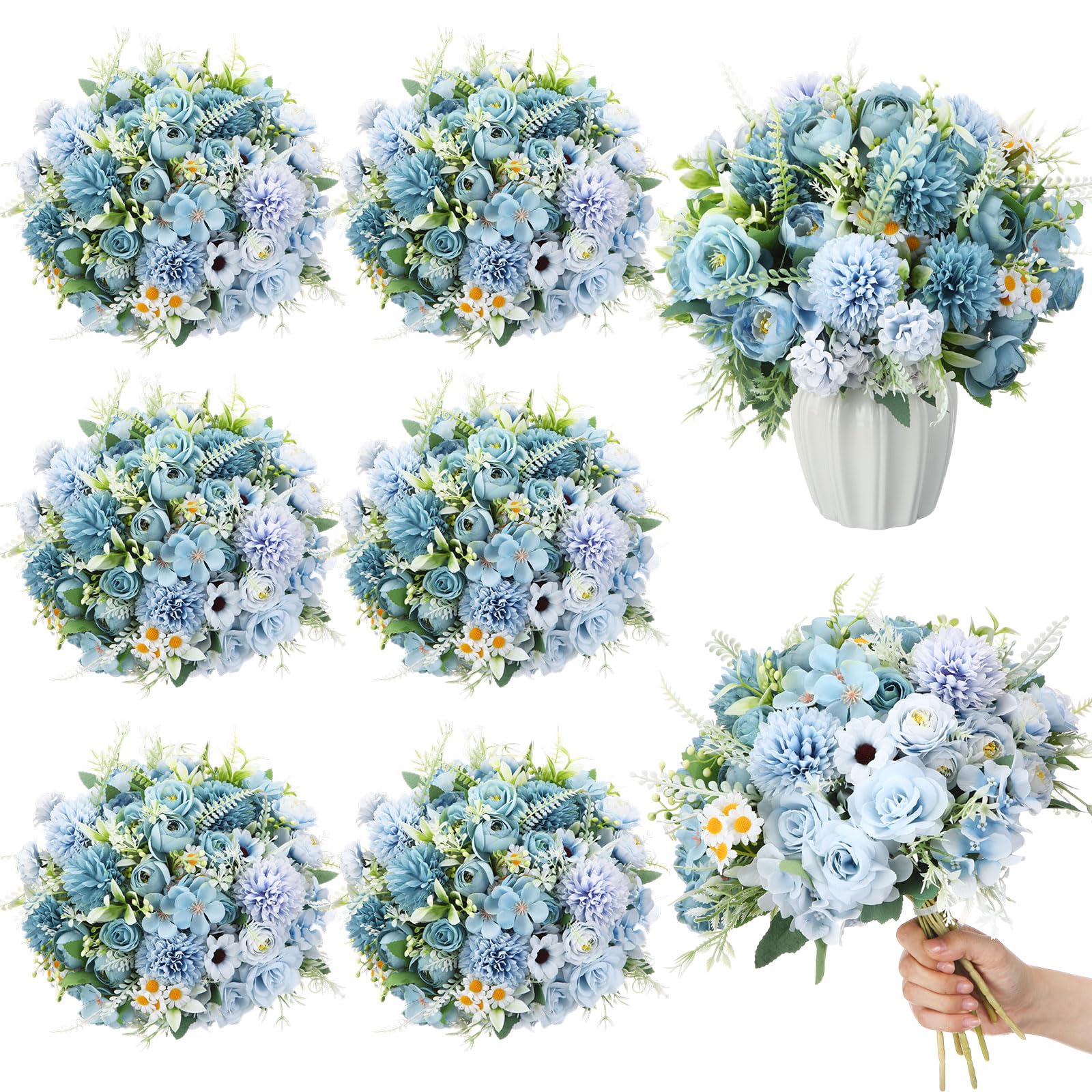 Photo 1 of Tigeen 6 Bundles Artificial Bouquet Flowers Artificial Peonies Faux Roses Silk Flowers Hydrangea Bouquet for Wedding Table Centerpiece Floral Vase Decor(Blue)