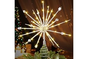 ELECTRICWISE Christmas Tree Topper 15 inch Mid Century Vibe Retro 3D Lighted Starburst Tree Topper Decorations with Crystal and 19 Twinkle Lights(Silver)