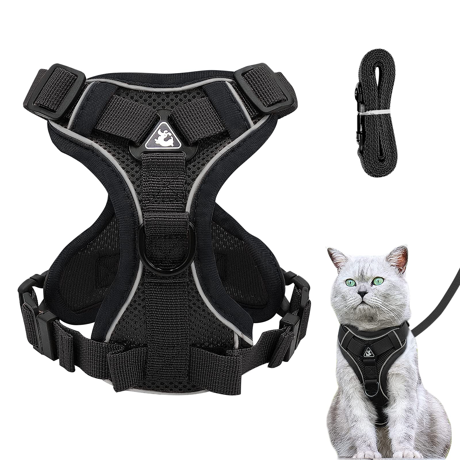 Cat Harness and Lead Set, Adjustable Kitten Harness and Lead Set with Reflective Strips Escape-Proof, Cat Vest Harness with Leash Sets for Cats Dogs Pets Walking (Black, L)