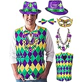 Hotop 10 Pcs Mardi Gras Costume Set for Men Includes Vest, LED Sequin Hat, Mask, Bow Tie, 6 Beads Necklaces Mardi Gras Outfits for Masquerade Festival Carnival Party Kit Accessories